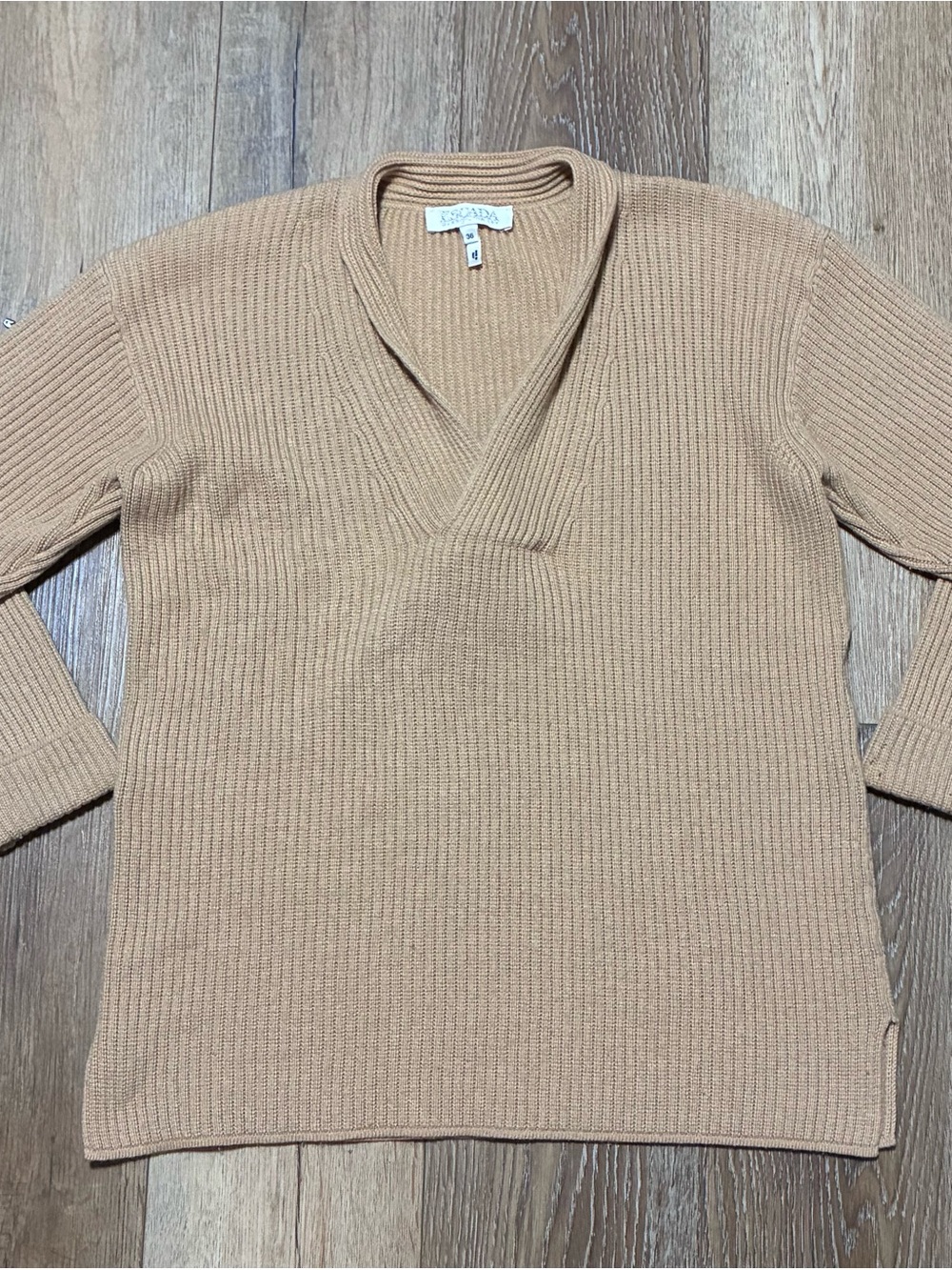 VTG Escada Camel Ribbed Knit Shawl Collar Sweater size 36 Cashmere Wool Silk